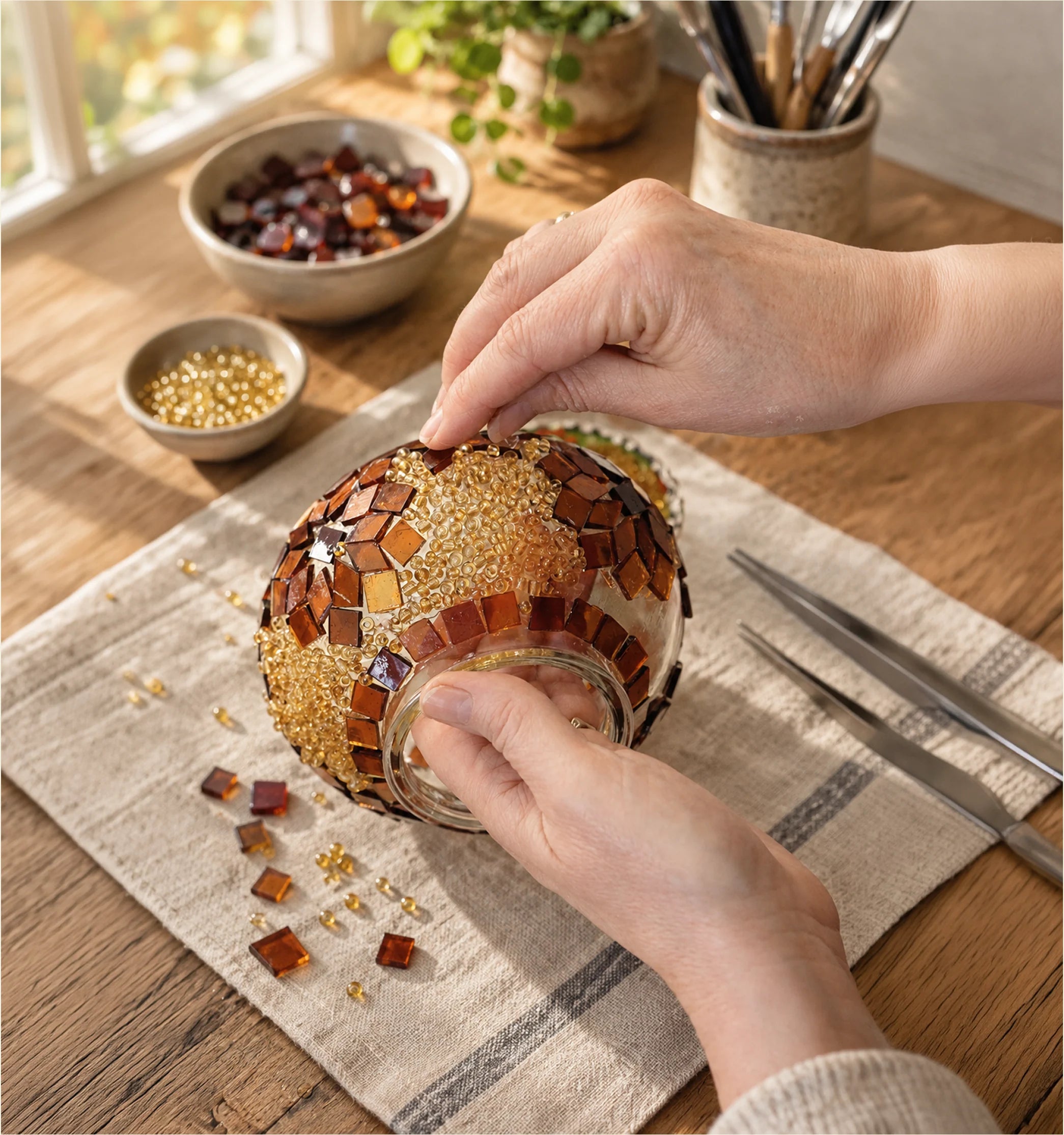 Hands arranging amber glass tiles on a Turkish mosaic lamp