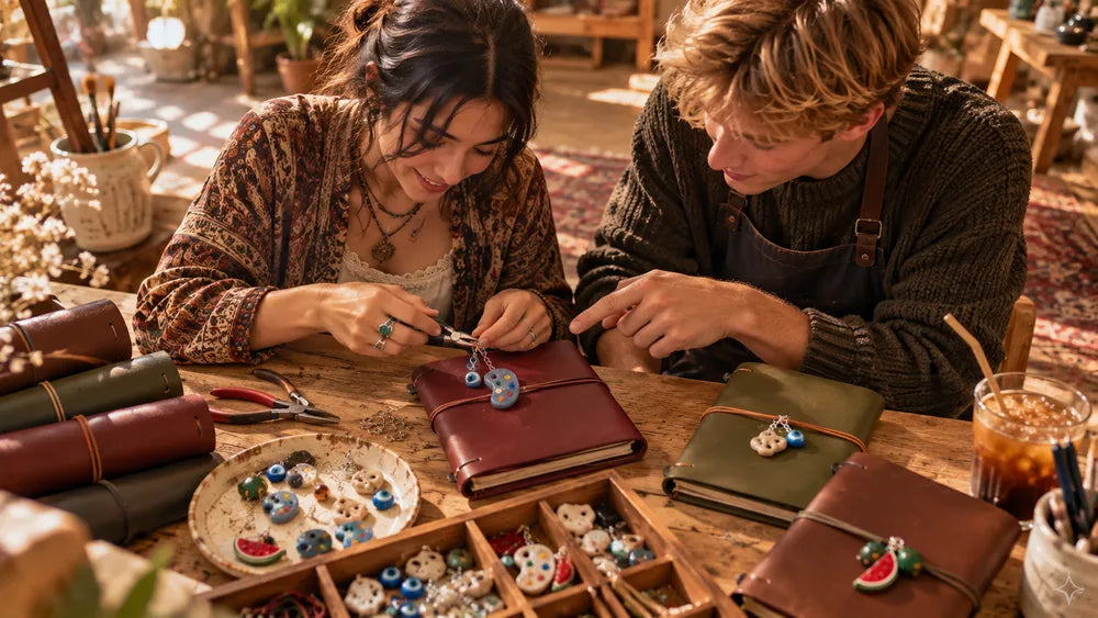 Leather journal making at a shared craft table