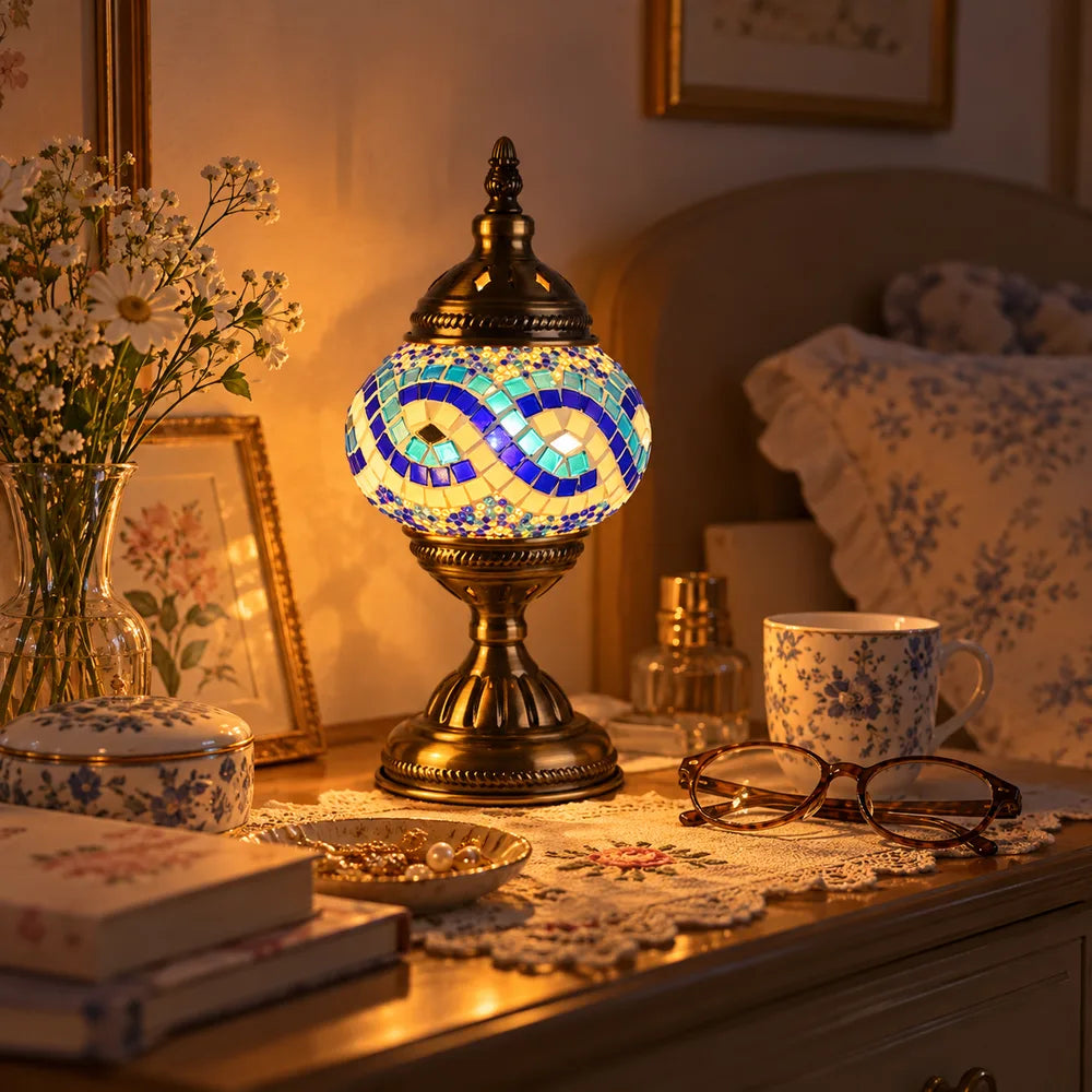 Illuminated blue and yellow mosaic table lamp