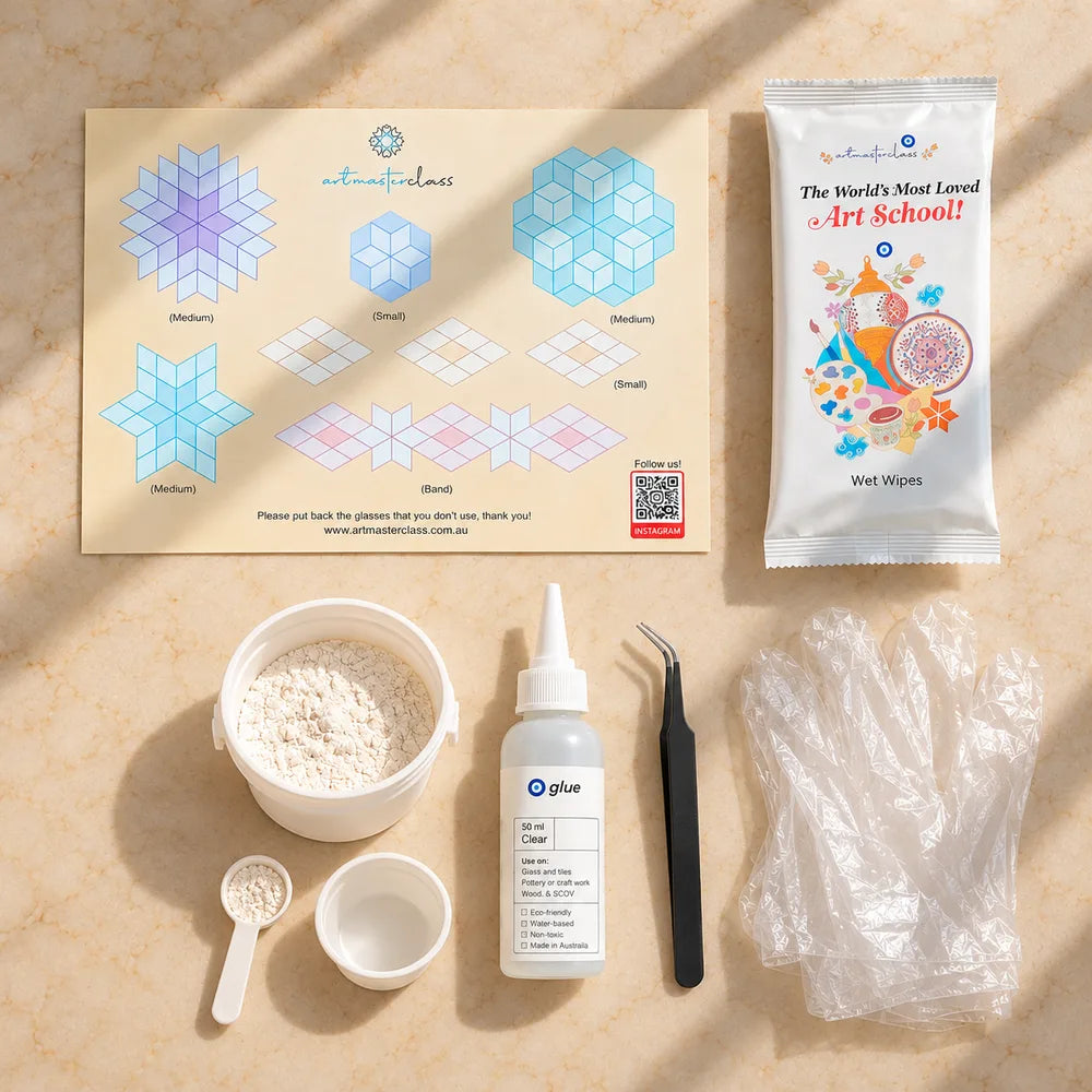 Mosaic pattern guide, adhesive and finishing supplies