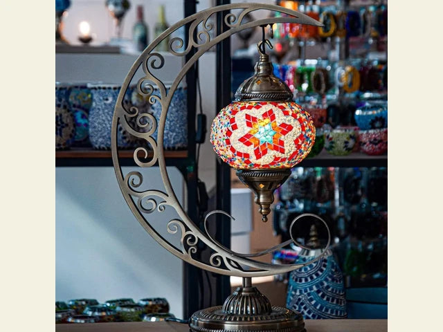 Mosaic moon lamp with a curved crescent stand