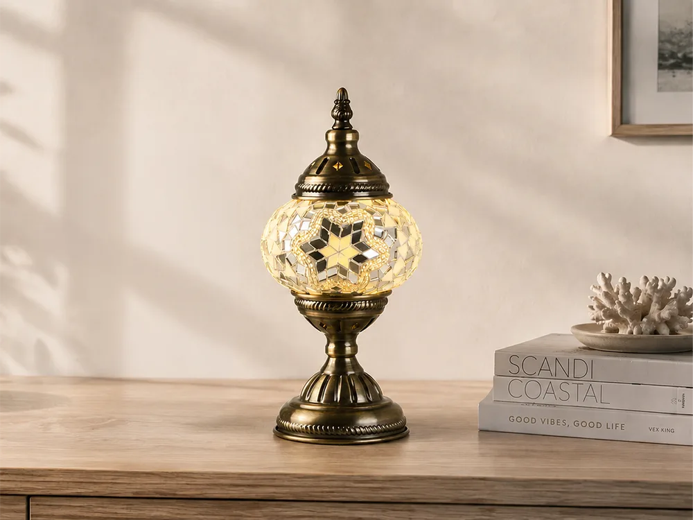 An illuminated handmade Turkish mosaic table lamp