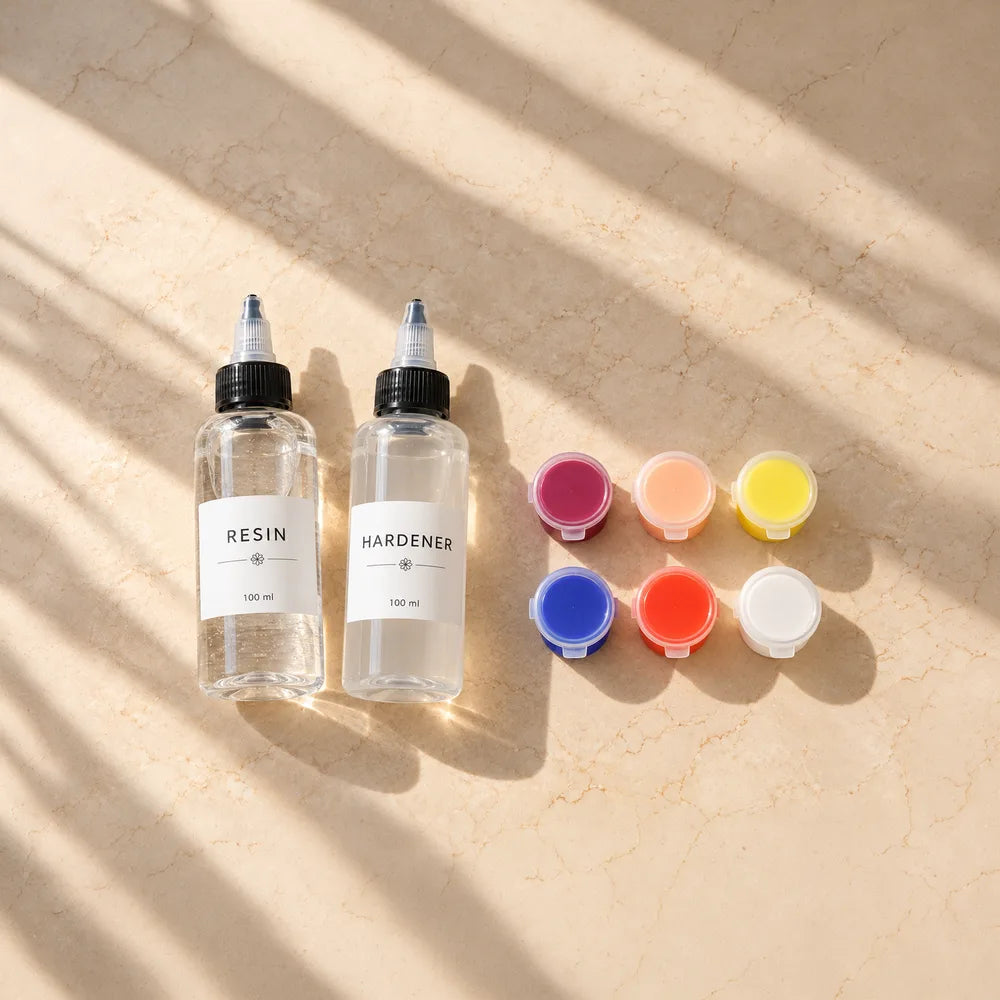 Resin, hardener and six pots of pigment