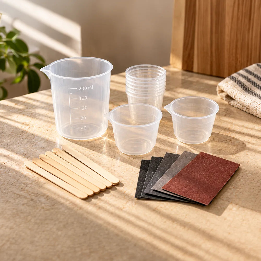 Measuring cups, mixing sticks and sandpaper